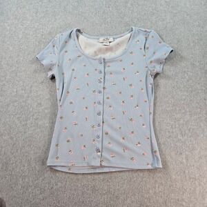 Just Jelly New York Baby Tee Blue Floral Ribbed Button Up Short Sleeve Top Small